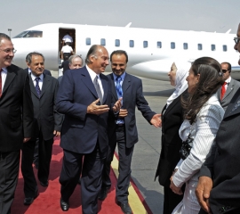 His Highness the Aga Khan greeting leaders of the Ismaili Community and the AKDN in Syria, upon his arrival at Damascus Airport.
